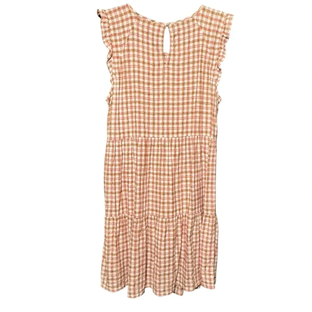 Old Navy Tiered Linen Blend Flutter Sleeve Swing Plaid Tiered Ruffle Dress - Picture 6 of 11